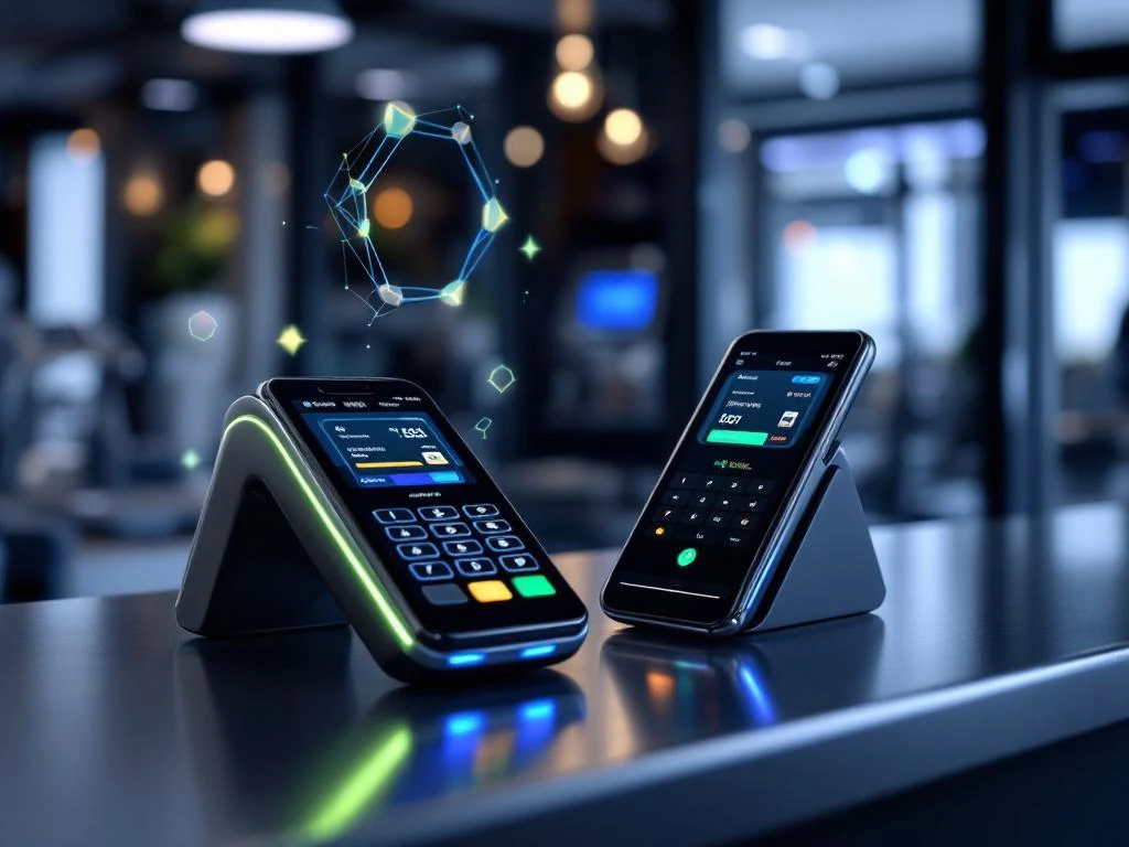 Moderne betaalterminals en smartphones met contactloze betaalinterfaces op sportschool receptiebalie met LED-verlichting