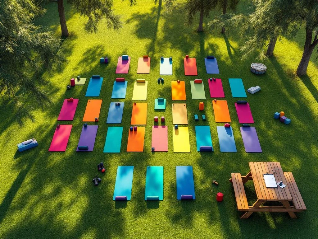 Luchtfoto van buitenfitness les in park met gekleurde yogamatten, fitnessapparatuur en bomen in gouden zonlicht