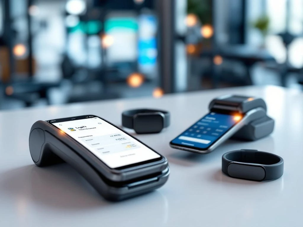 Moderne betaalterminals en smartphones met digitale betalingsinterfaces, fitnesspolsbandjes en lidmaatschapskaarten in sportschool