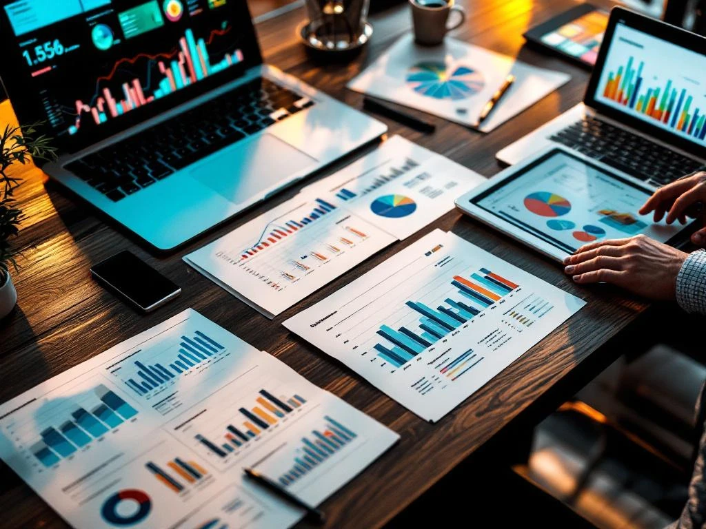 Financiële rapporten en grafieken op houten bureau met laptop, tablet en calculator die analytics tonen