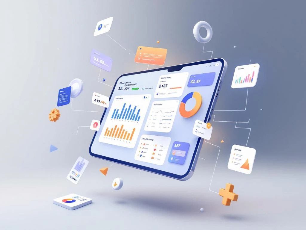 Moderne fitness management dashboard met kleurrijke grafieken en statistieken zwevend in 3D ruimte op tablet scherm