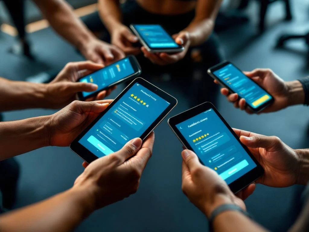 Diverse handen met tablets en smartphones tonen kleurrijke feedback-enquêtes met sterbeoordelingen in moderne fitnessruimte