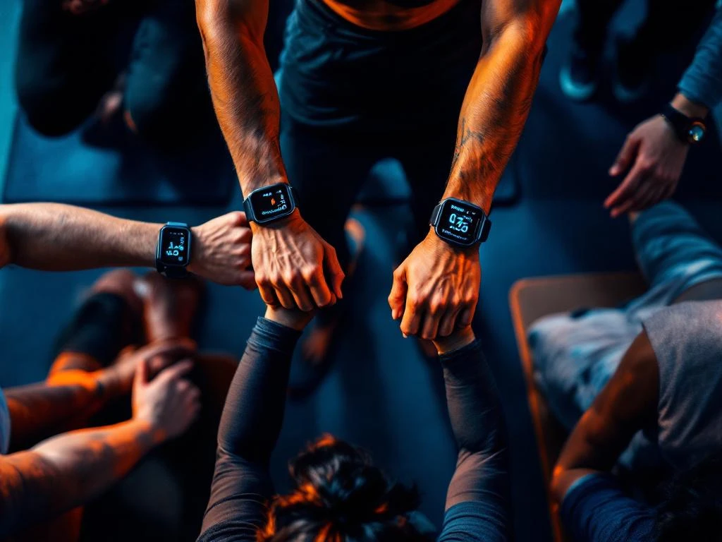 Groepsfitnesstraining van bovenaf met deelnemers die smartwatches en fitnesstrackers dragen tijdens workout op yogamatten