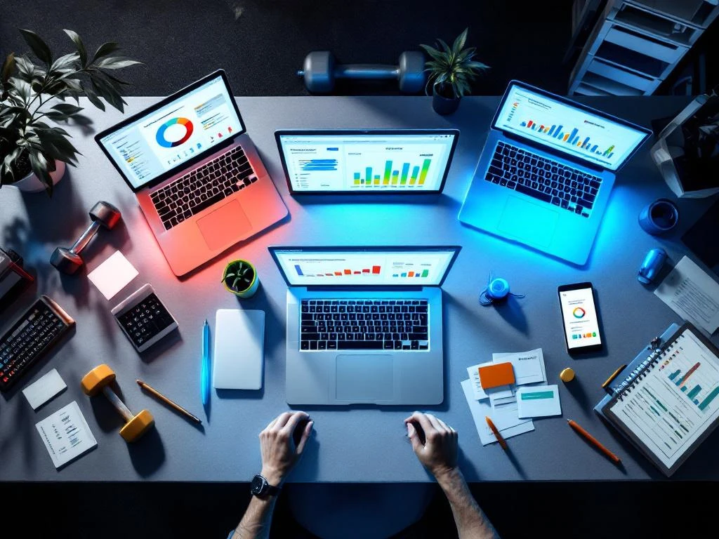 Bovenaanzicht van laptops en tablets met kleurrijke fitness management software dashboards omringd door sportuitrusting
