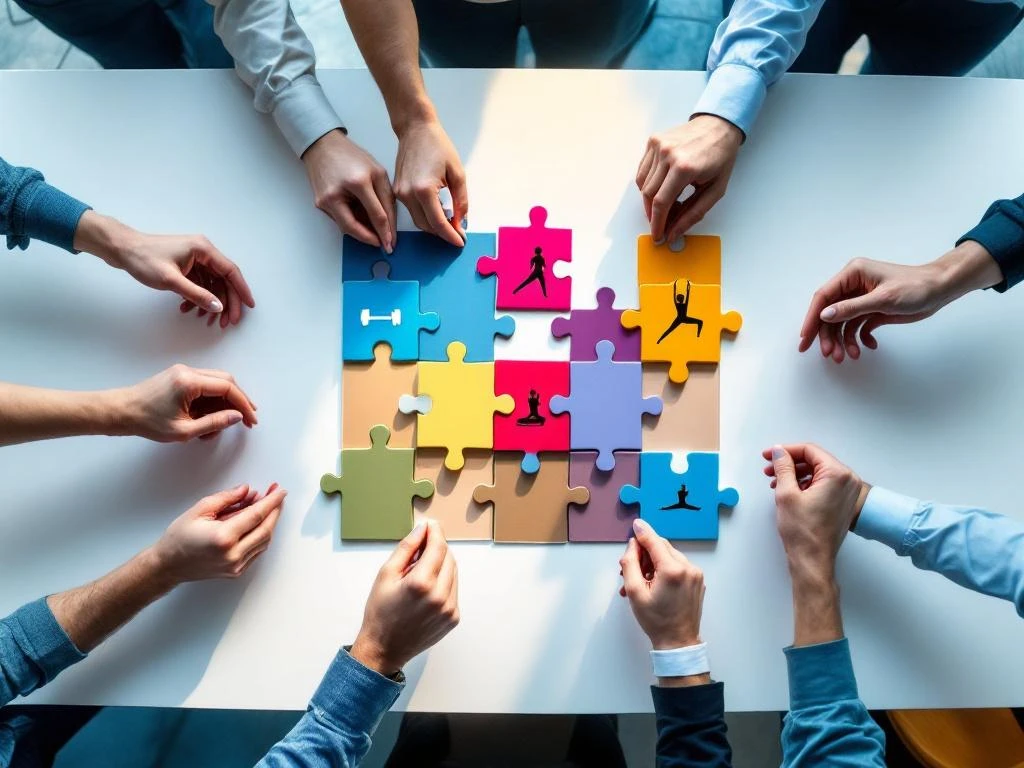 Handen plaatsen fitness puzzelstukjes op moderne vergadertafel, symboliseert samenwerking in fitnessbranche