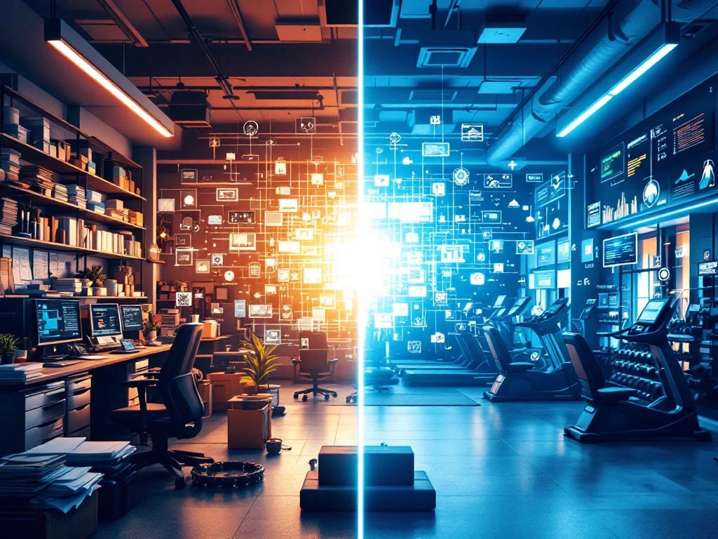 Split-screen vergelijking van traditioneel sportschoolkantoor met papieren bestanden versus moderne digitale fitnesscentrum met geautomatiseerde systemen