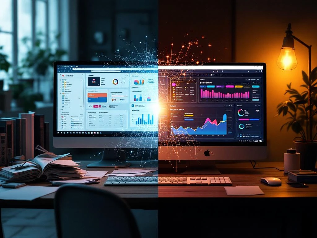 Vergelijking van oude desktop met CRT-monitor en moderne werkplek met HD-scherm met fitness software, verbonden door datastroom