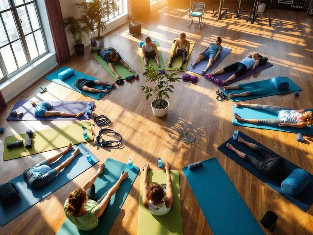 Moderne fitnessstudio met yogamatten in cirkel, weerstandsbanden, waterflessen en plant in centrum, natuurlijk licht