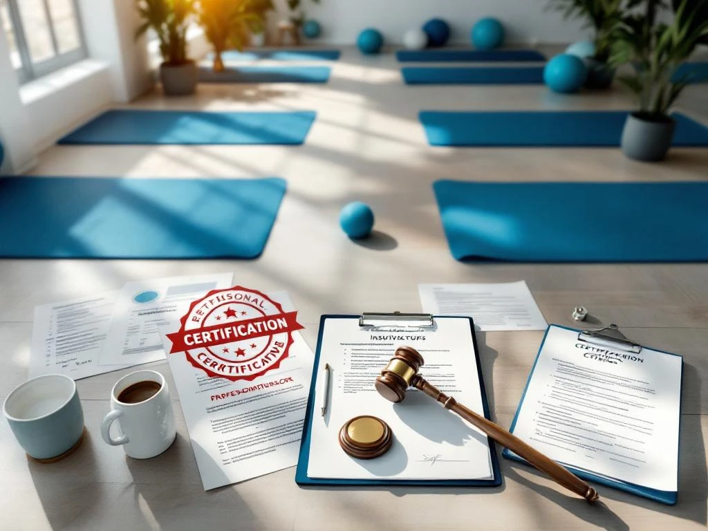 Luchtfoto van moderne fitnessstudio met yogamatten, juridische documenten en certificaten voor compliance
