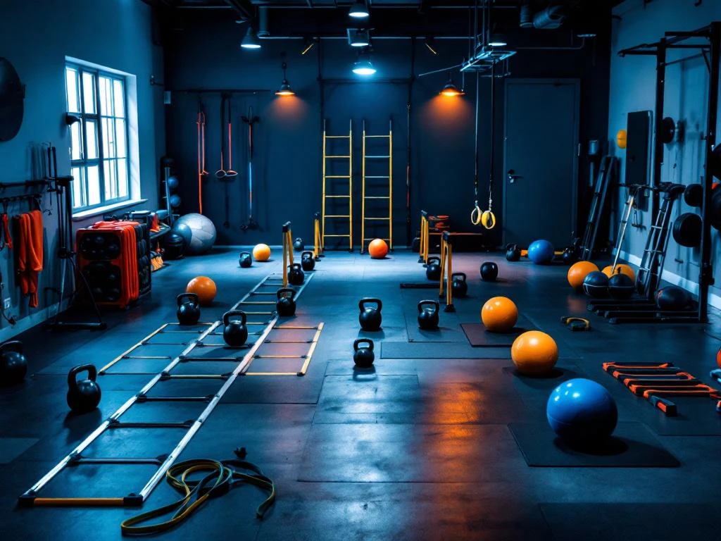 Fitness studio met diverse trainingsapparatuur in hindernisbaan-opstelling, dramatische verlichting in blauw en oranje