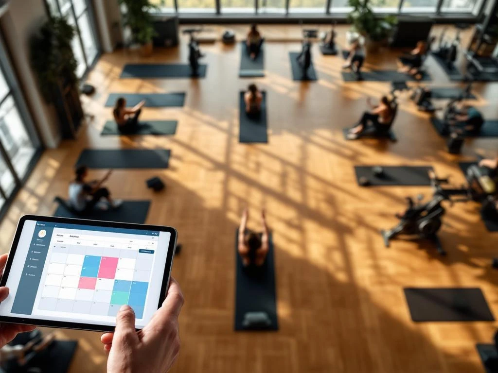 Moderne fitnessstudio met yogamatten, spinningfietsen en tablet met planningsinterface, bovenaanzicht met natuurlijk licht