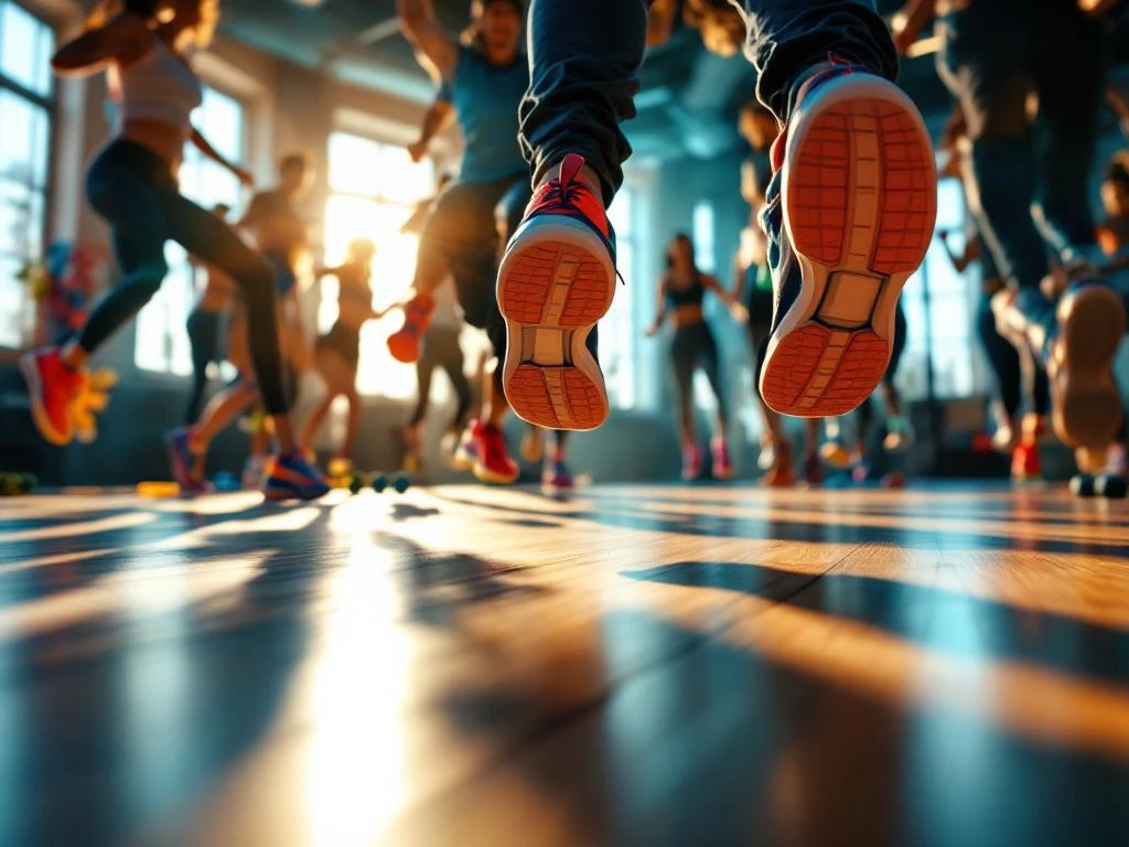 Diverse benen in kleurrijke sportschoenen springen tijdens groepsfitness in heldere studio met houten vloer