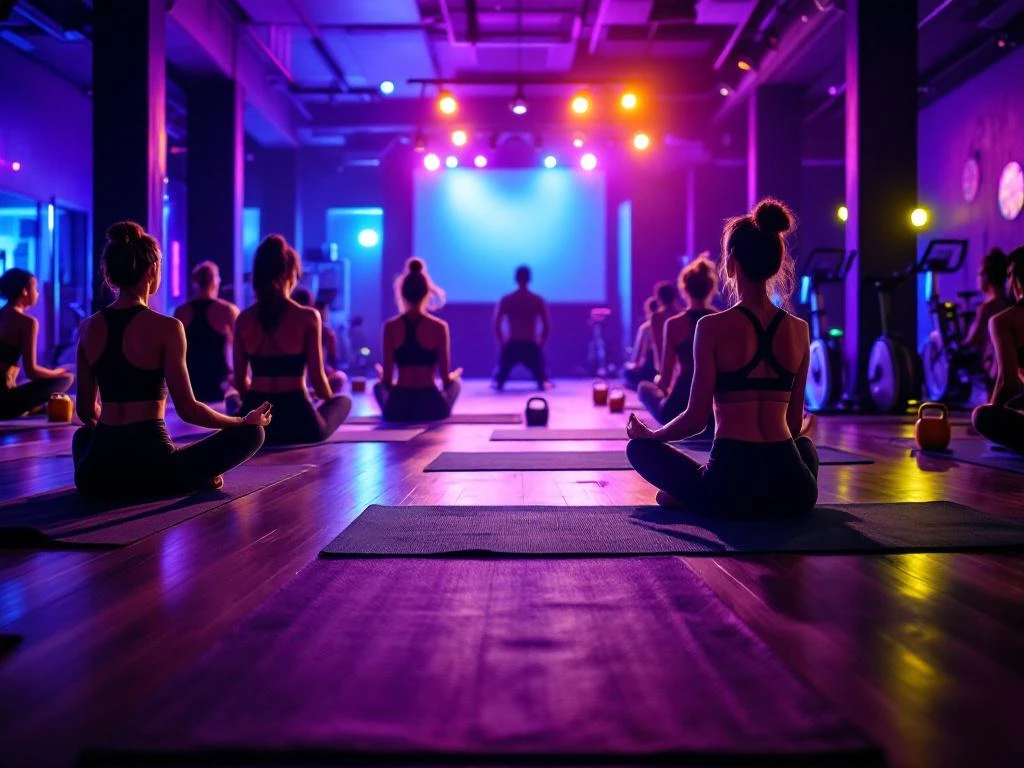 Fitnessruimte met yogamatten, HIIT-apparatuur en spinningfietsen onder kleurrijke paarse en blauwe LED-verlichting