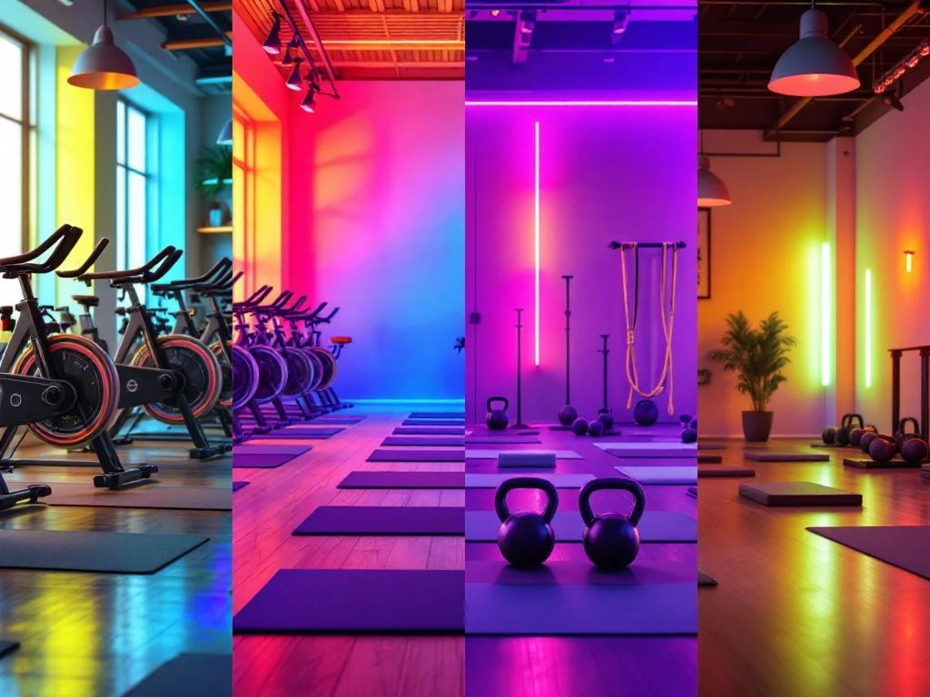 Vier fitnessruimtes: spinning studio met gekleurde verlichting, yoga ruimte, HIIT zone en krachttraining gebied