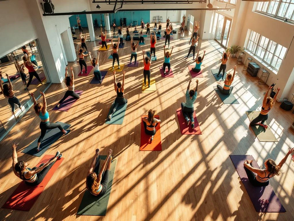 Groep mensen in sportkleding doet warming-up oefeningen in moderne fitnessstudio met natuurlijk licht
