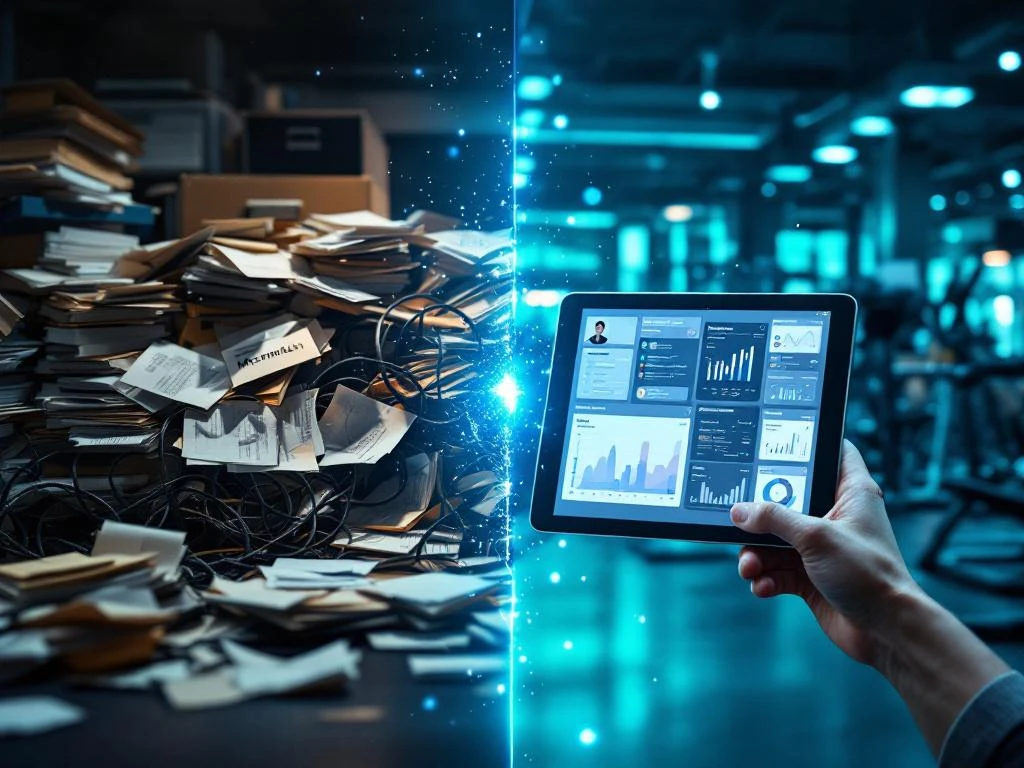 Split-screen vergelijking van chaotische papieren lidmaatschapskaarten versus georganiseerde digitale fitness management op tablet