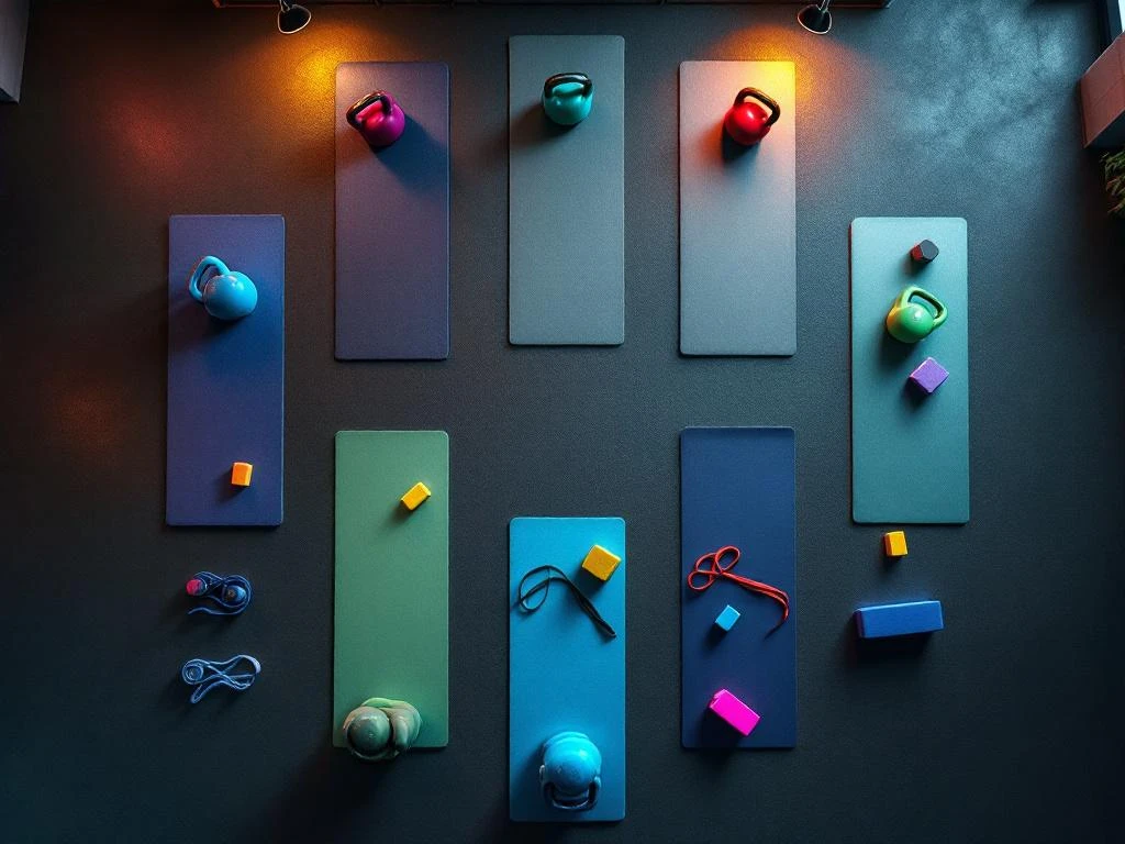 Bovenaanzicht van moderne fitnessstudio met 6-8 yogamatten in cirkel met kettlebells, halteres en weerstandsbanden