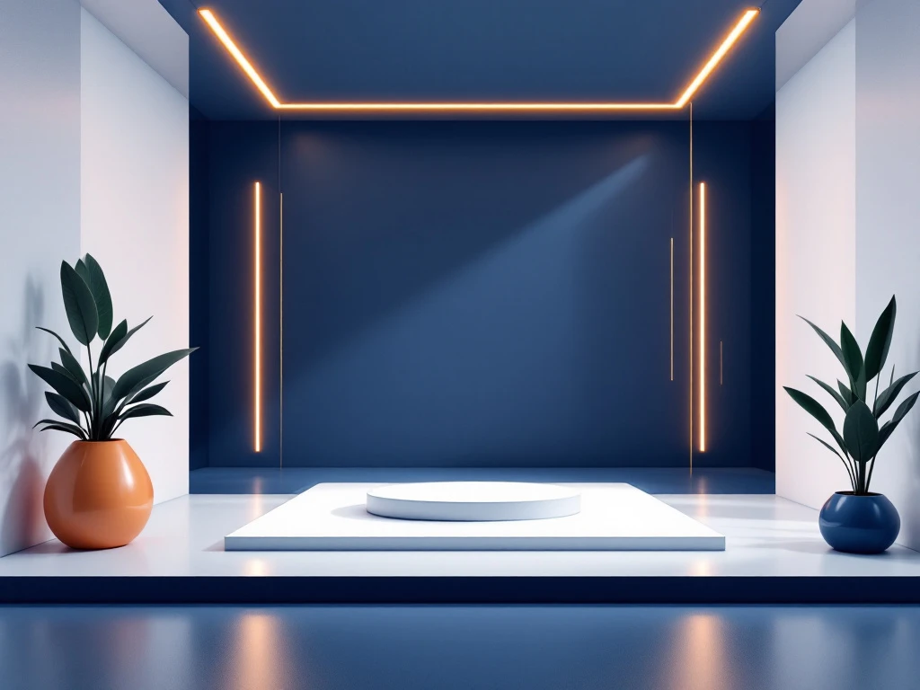 Moderne sportschool met halter op minimalistisch platform, strakke lijnen en navy-wit kleurenschema met oranje accenten