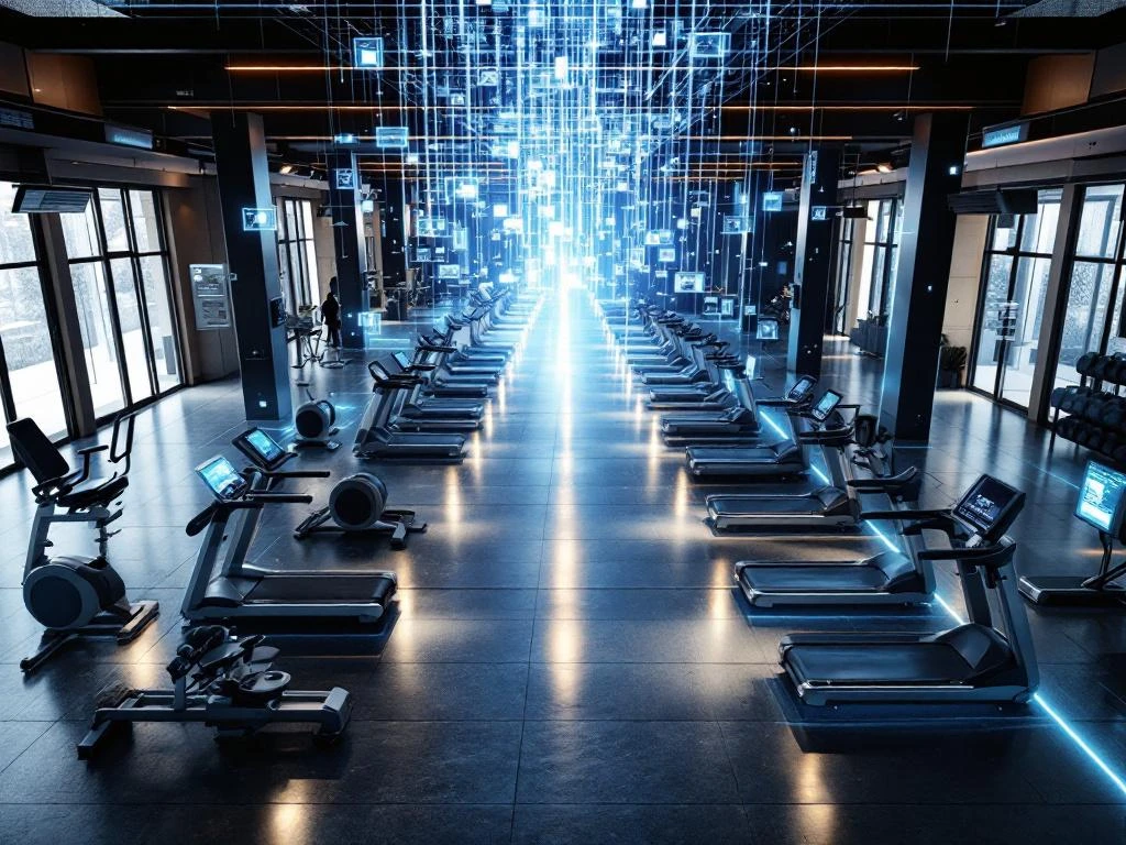 Luchtfoto van moderne sportschool die uitbreidt met holografische data en blauwe lichtstralen, symboliseert groei