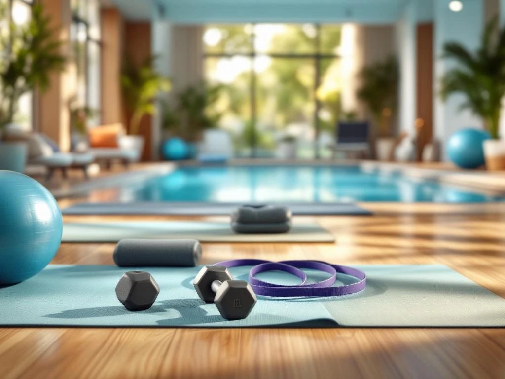 Seniorenvriendelijke fitnessstudio met yogamatten, lichte gewichten en aquatherapiebad in zachte, natuurlijke verlichting