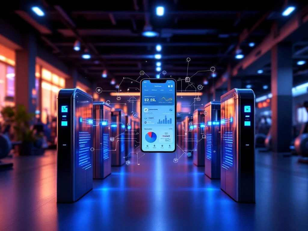 Moderne sportschool met geautomatiseerde toegangspoortjes, digitale displays en zwevende tablet met ledendashboard