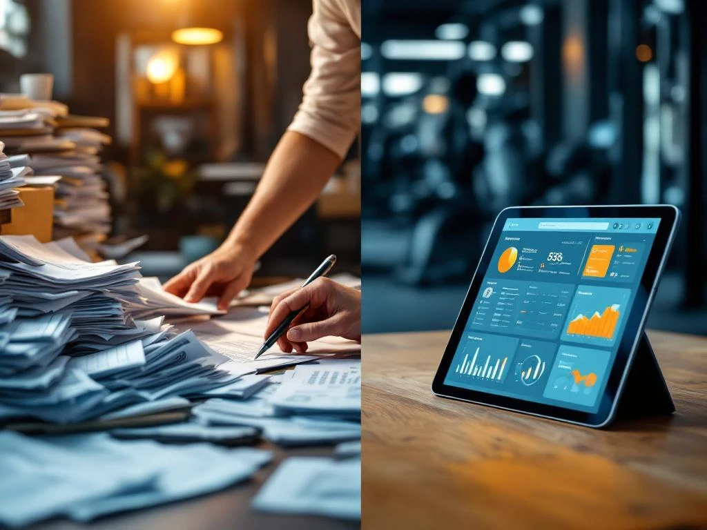 Split-screen vergelijking: rommelig bureau met papieren formulieren links, moderne tablet met digitale sportschool software rechts