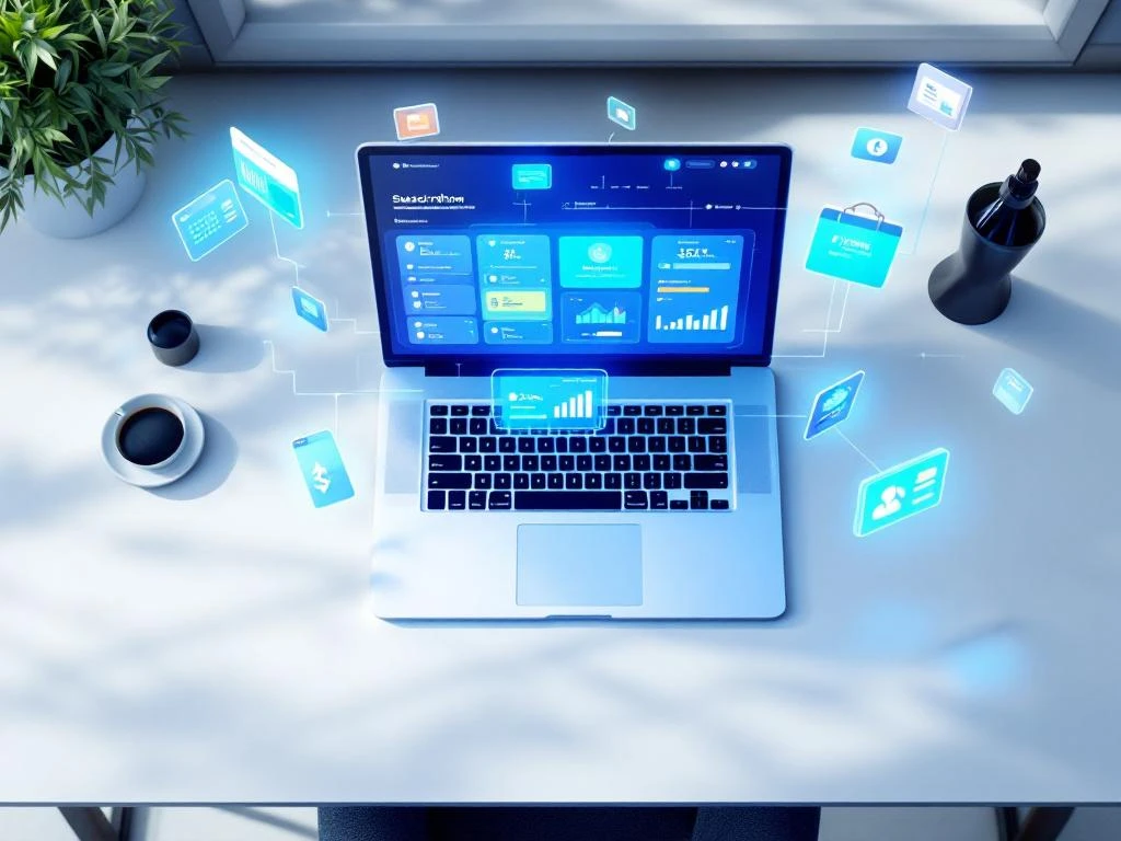 Laptop op modern bureau toont kleurrijk abonnementenbeheer dashboard met zwevende holografische interface-elementen