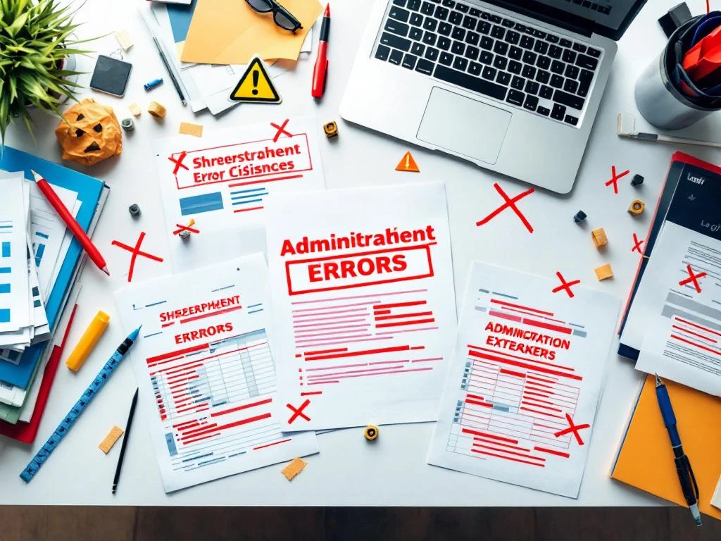 Kantoorbureau met laptop die spreadsheetfouten toont, verspreide documenten met rode correcties en administratieve errors