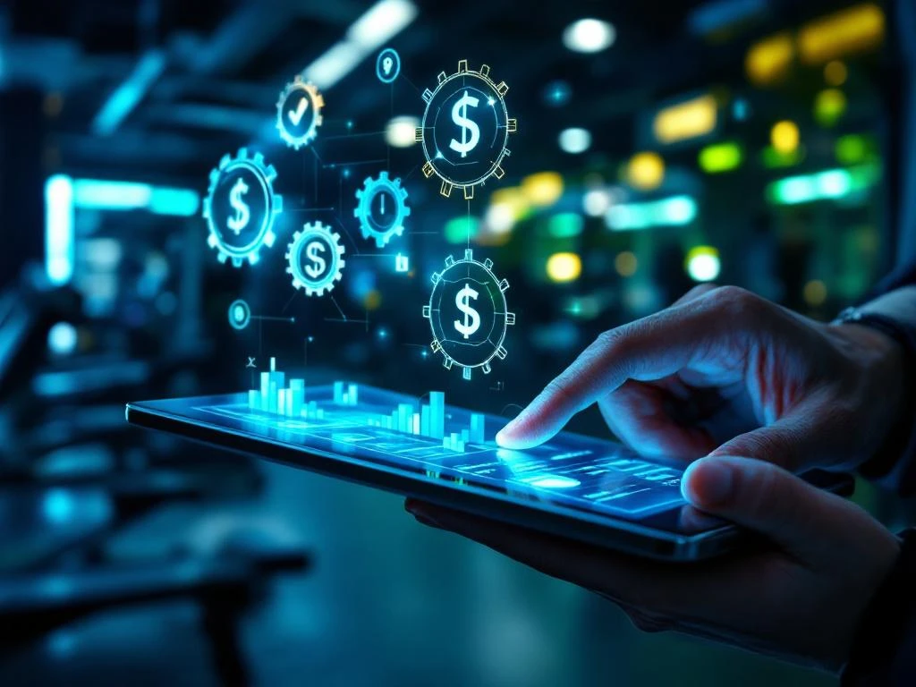 Handen die digitale abonnementsinstellingen aanpassen op tablet met betaalpictogrammen in moderne fitnessruimte