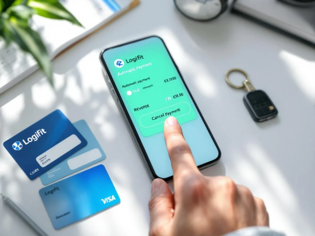 Smartphone met bankapp toont automatische betaling annuleren, omringd door fitnesslidmaatschapskaarten op wit bureau