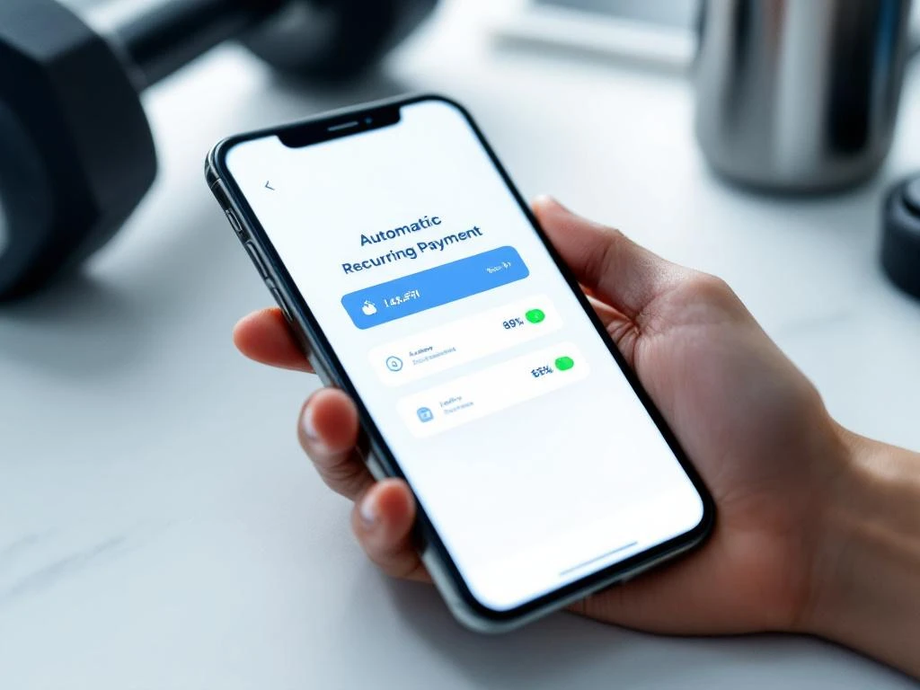 Smartphone met automatische betalingsinterface in blauw en groen op wit bureau naast fitnessapparatuur