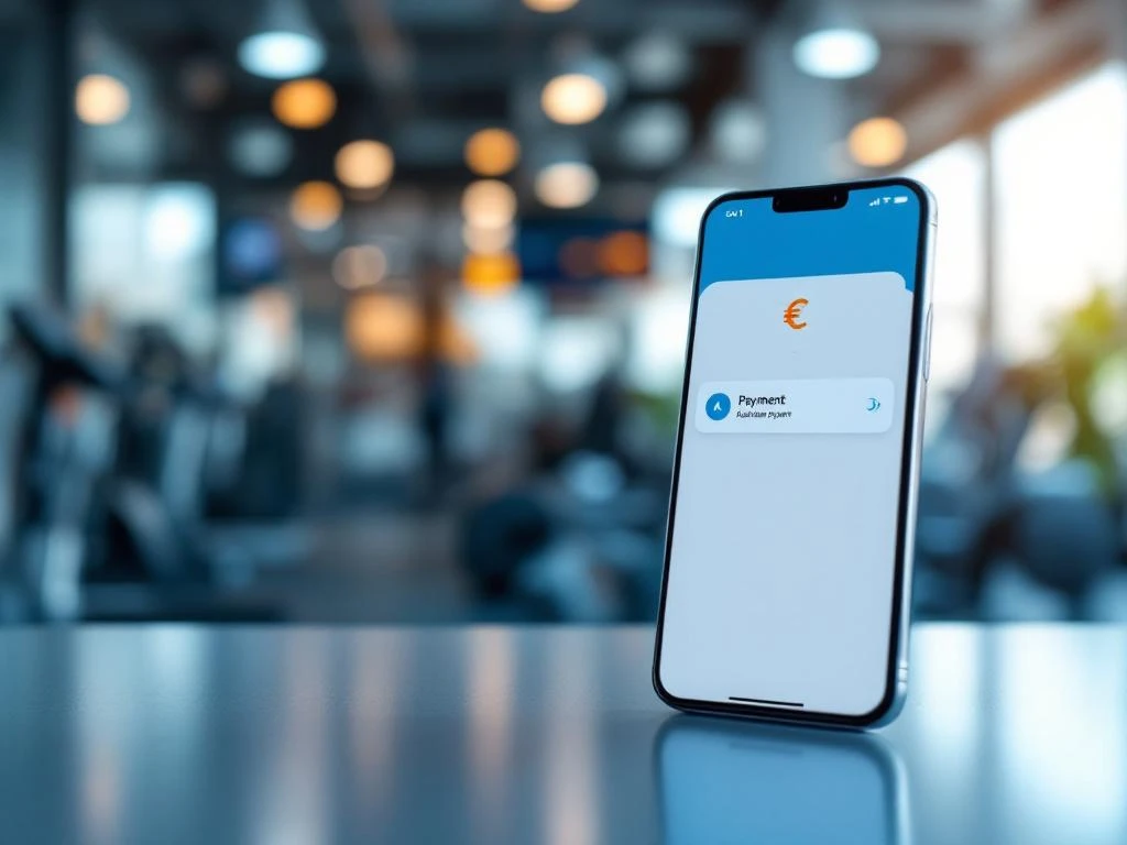 Smartphone met automatische betaalnotificatie en euro-symbolen op sportschool receptiebalie met fitnessapparatuur op achtergrond