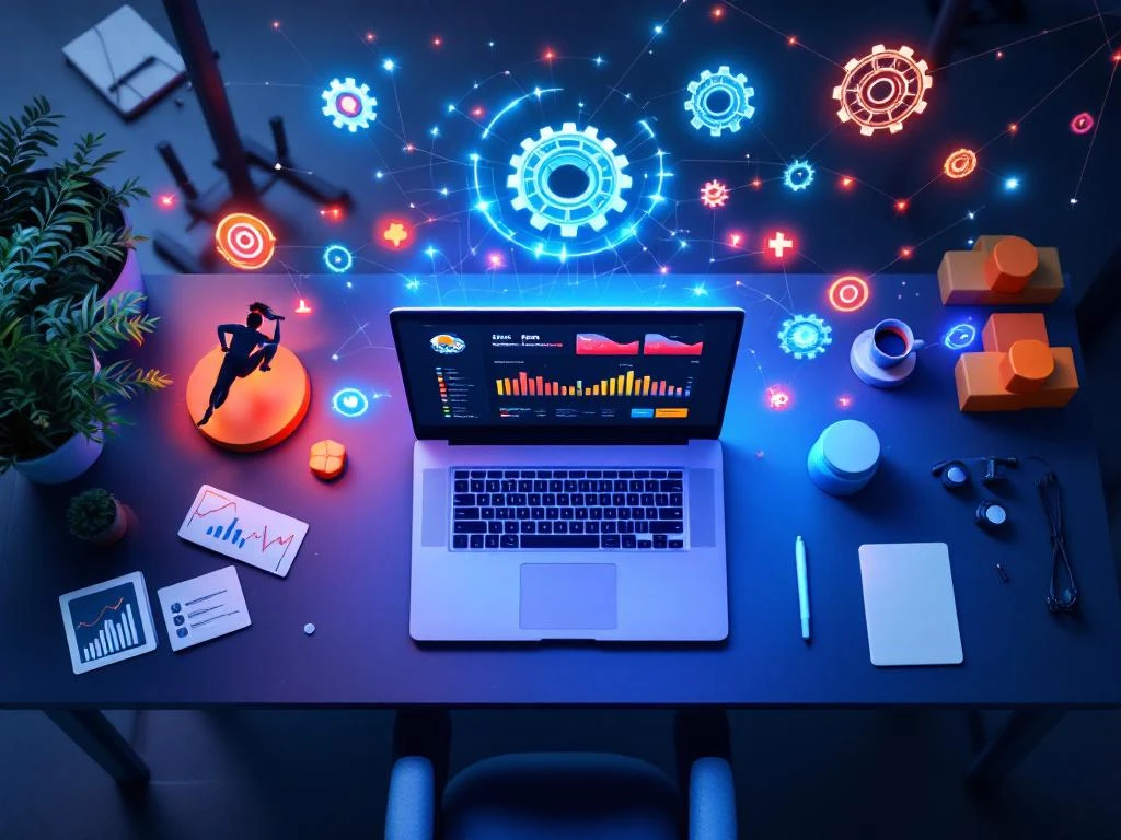 Laptop met kleurrijke dashboard analytics op moderne bureau, omringd door holografische datastromen en automatisering iconen