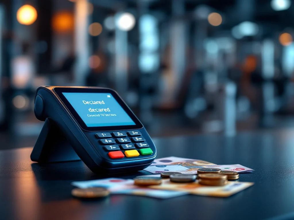 Betaalterminal toont geweigerde transactie op sportschool receptiebalie met euro bankbiljetten en muntgeld eromheen