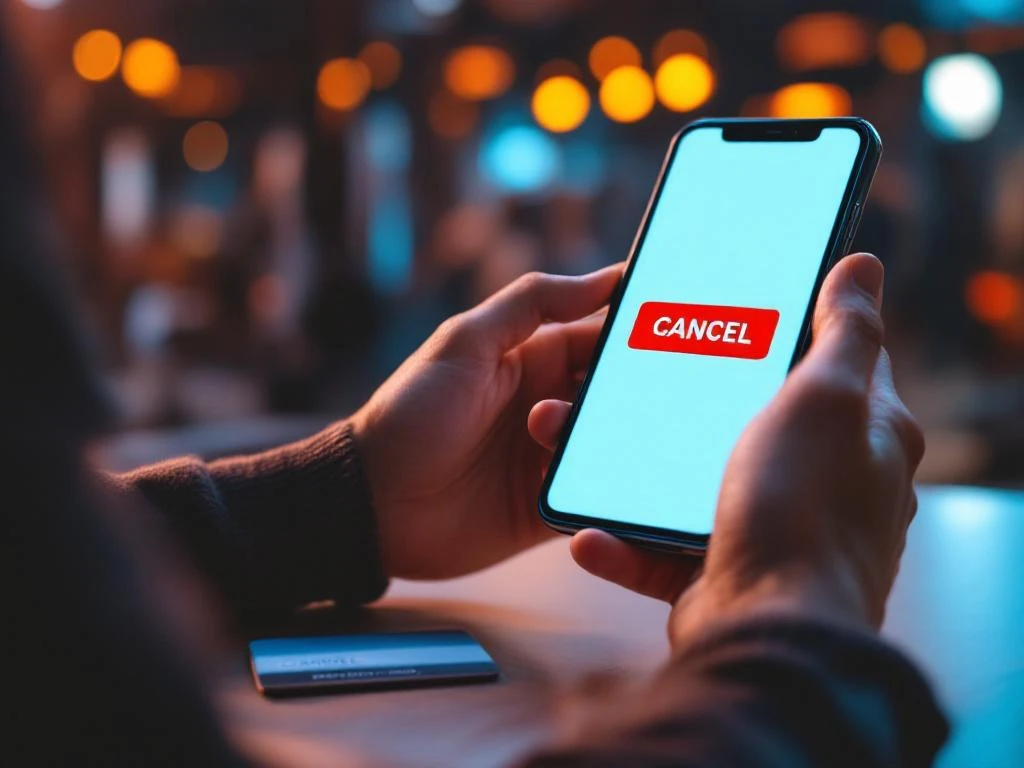 Handen houden smartphone met rood CANCEL knop voor betalingsannulering op sportschool receptiebalie