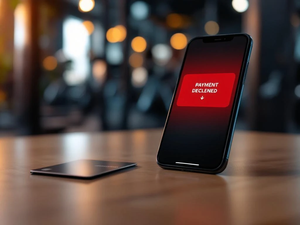 Smartphone toont rode "BETALING GEWEIGERD" melding op houten bureau met creditcard en gym apparatuur op achtergrond