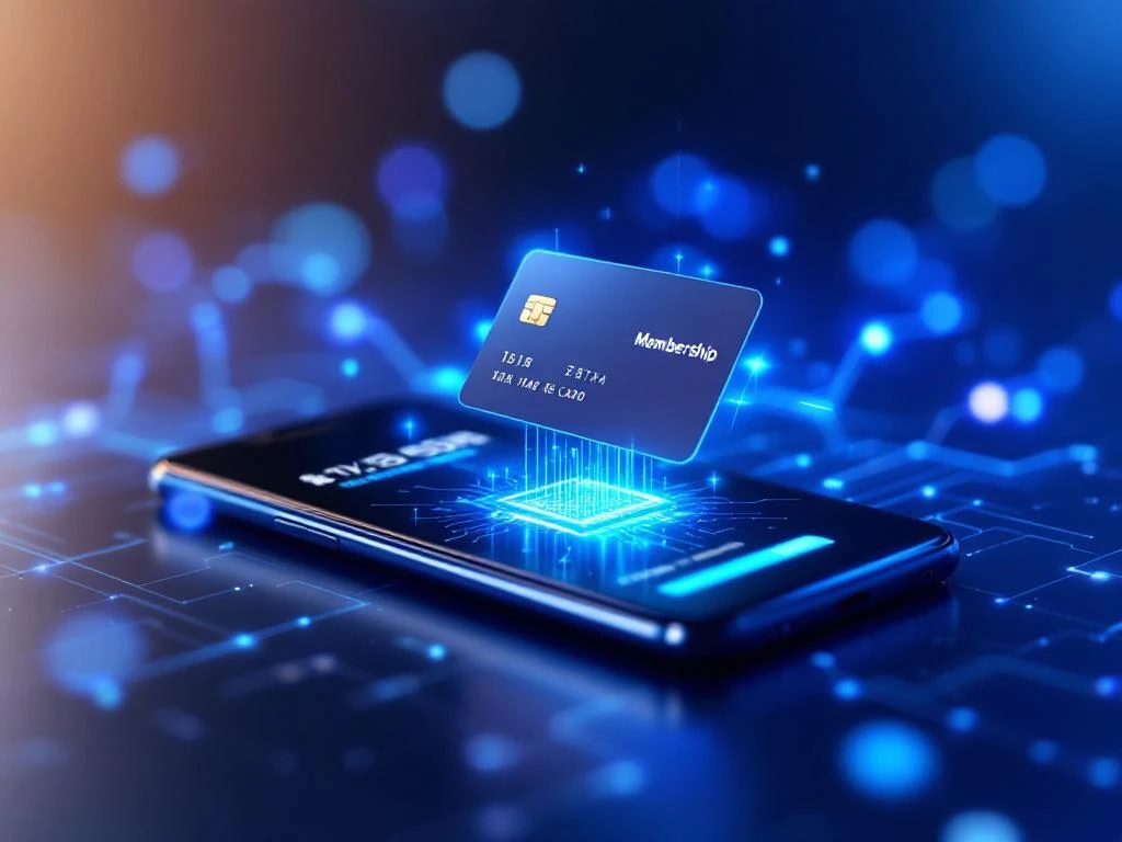 Smartphone met digitale betaalinterface en zwevende lidmaatschapskaart verbonden door blauwe datastromen