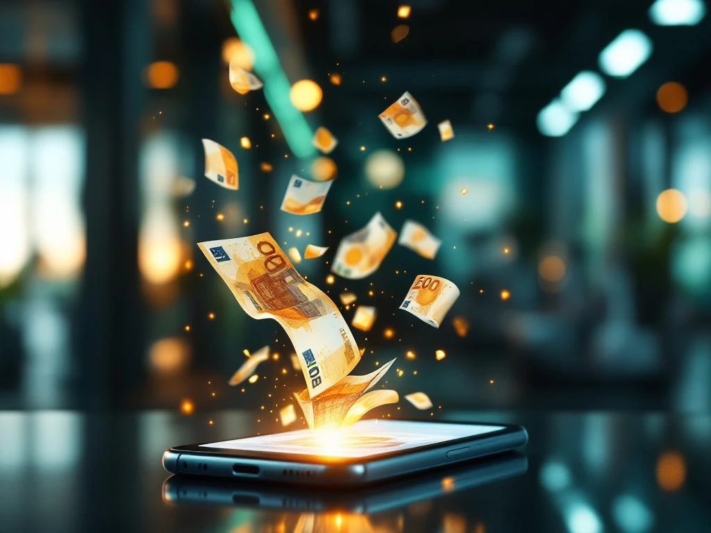 Smartphone toont digitale betaalapp met euro bankbiljetten die overgaan in lichtstralen in moderne sportschool