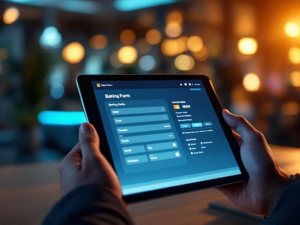 Handen met tablet tonen digitaal bankformulier met IBAN-velden op houten bureau in moderne fitnessruimte