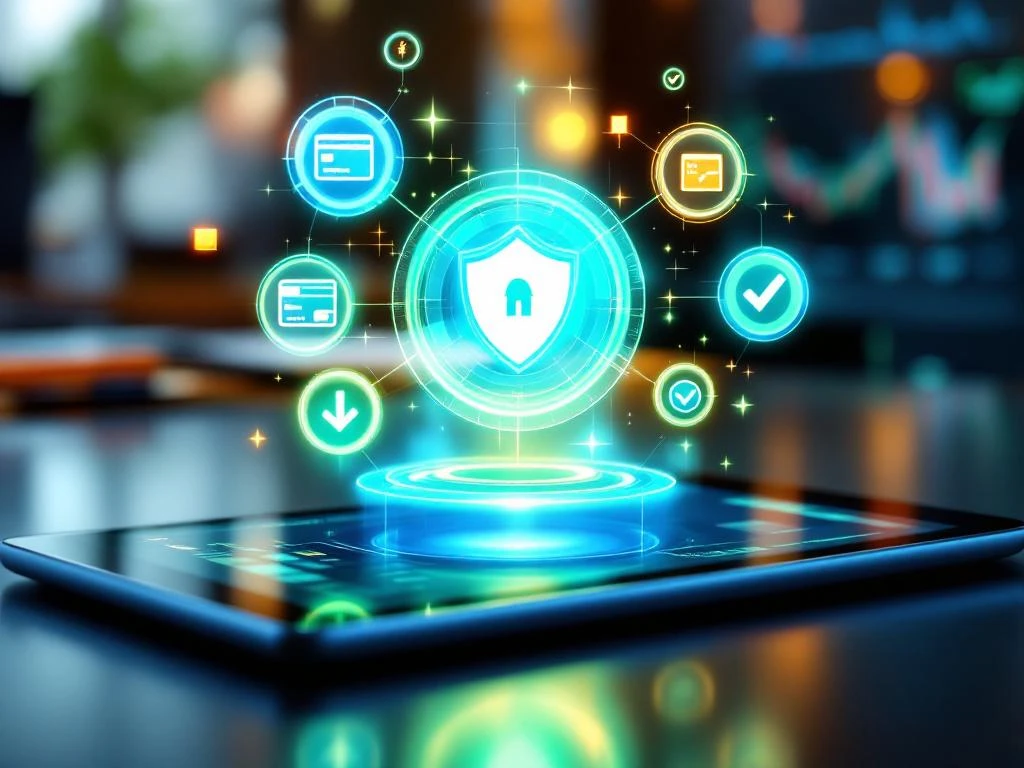 Moderne tablet met digitale betalingsinterface en beveiligingspictogrammen op donkere houten bureau