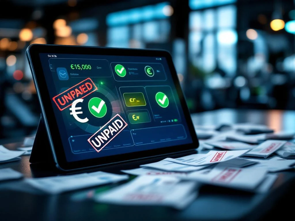 Tablet met digitale betaalinterface en groene vinkjes op sportschool receptie, omringd door onbetaalde facturen