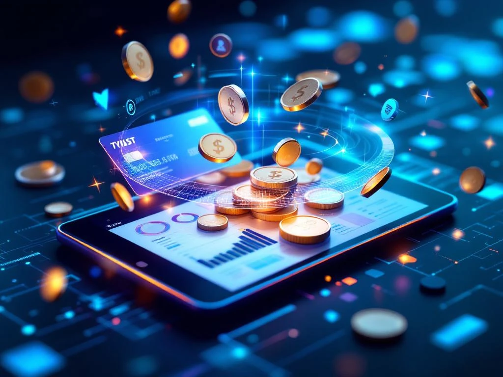 Moderne betaalkaarten en munten zweven boven tablet met financieel dashboard in geautomatiseerde cirkelbeweging
