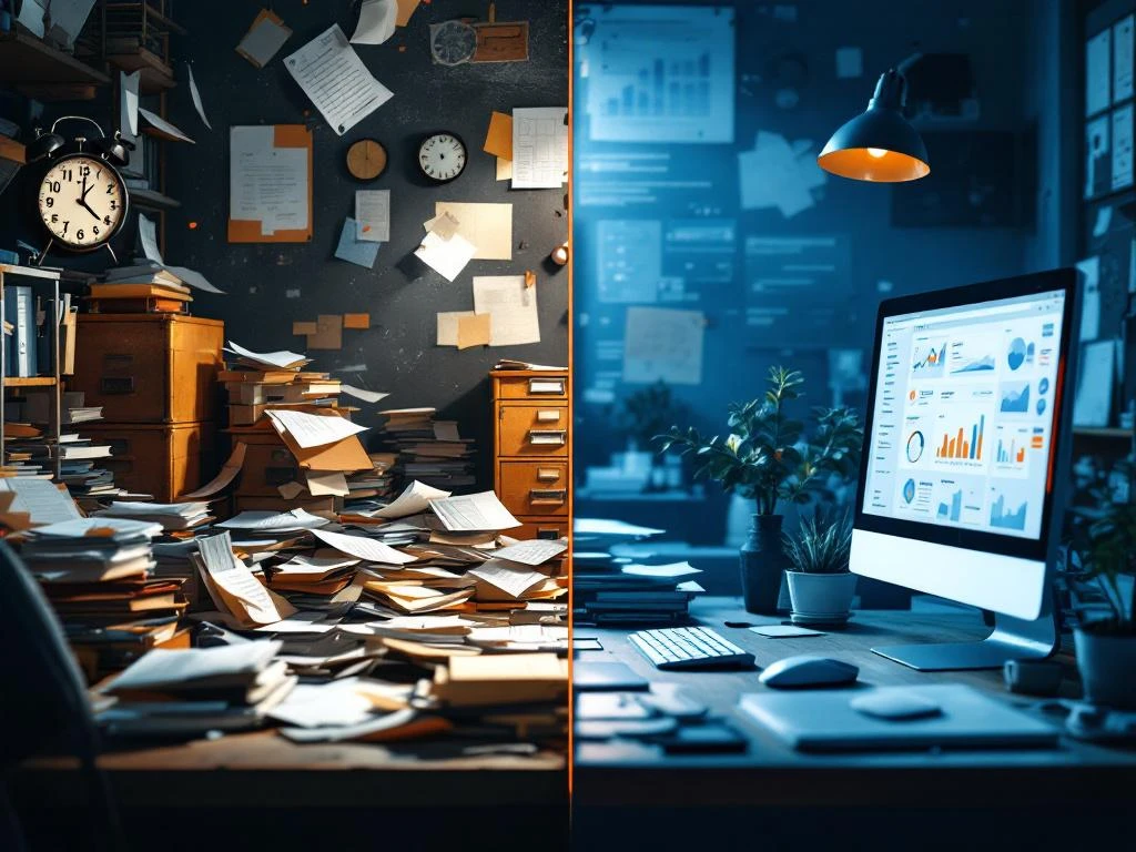 Gesplitst scherm toont rommelig bureau links versus modern digitaal werkstation rechts, van analoog naar digitaal