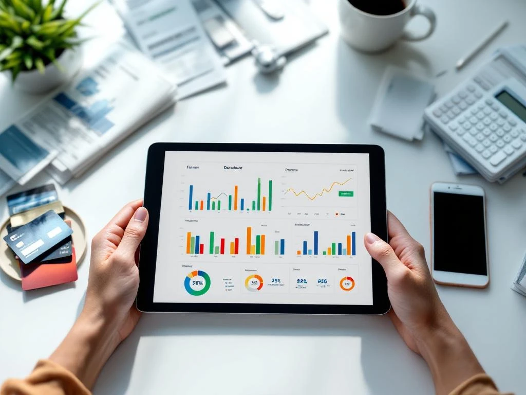 Tablet met financiële dashboards op bureau met creditcards, bankafschriften en rekeningen voor zakelijk beheer