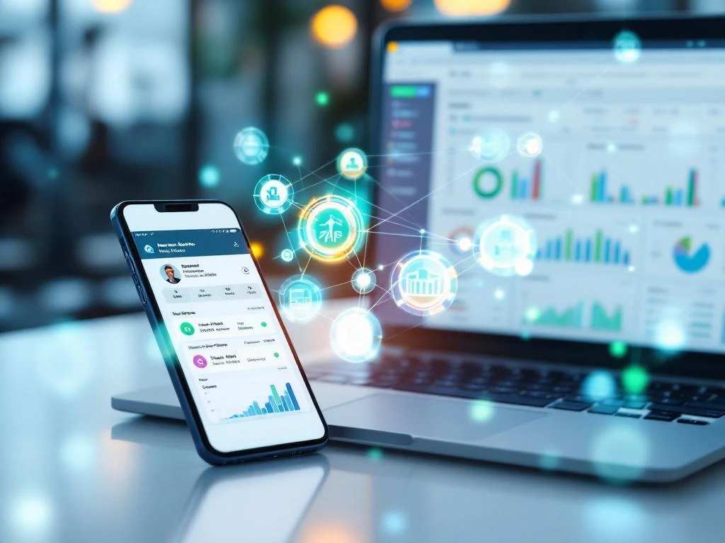 Smartphone met fitness-app naast laptop met database-grafieken, verbonden door gloeiende datapictogrammen op wit bureau
