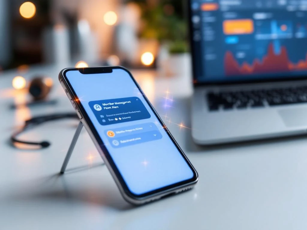 Smartphone met fitness-app en notificaties naast laptop met ledenbeheer dashboard op wit bureau met warme verlichting