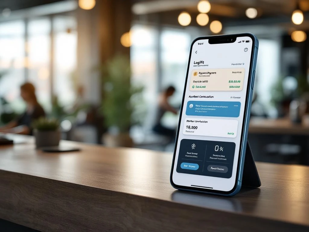 Smartphone met automatische betalingsinterface op sportschool receptiebalie, fitness apparatuur op achtergrond