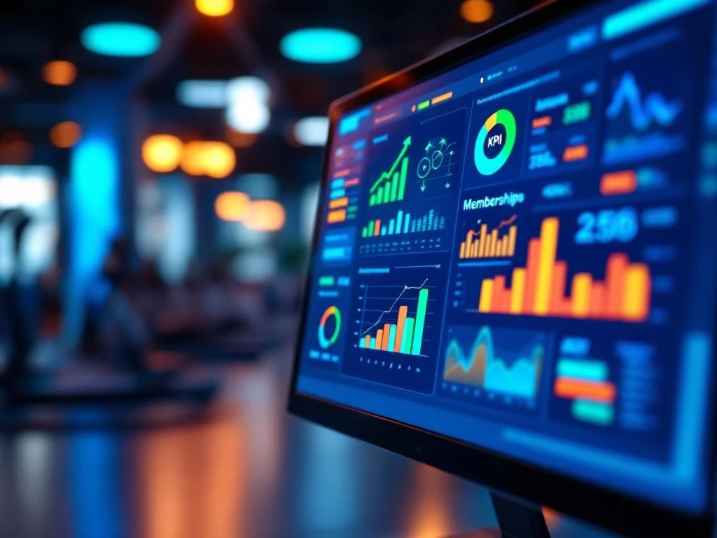 Digitaal dashboard met kleurrijke KPI-grafieken en lidmaatschapsanalytics op computermonitor in fitnesscentrum