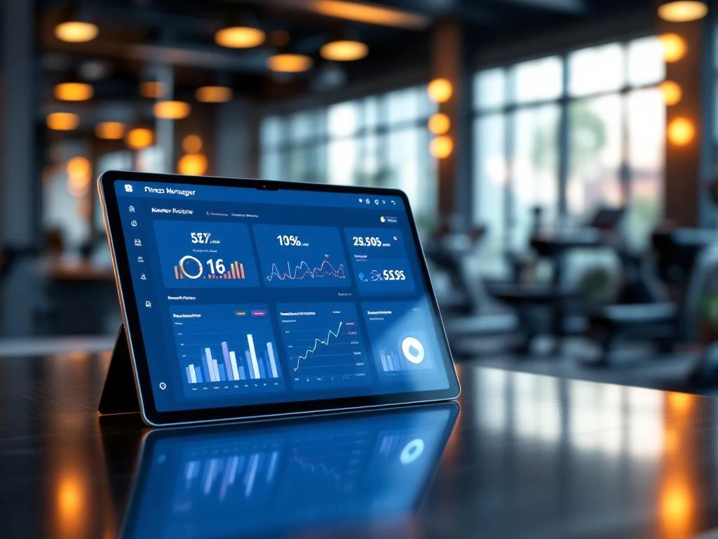 Tablet met fitness dashboard en kleurrijke statistieken op receptiebalie van moderne sportschool met fitnessapparatuur