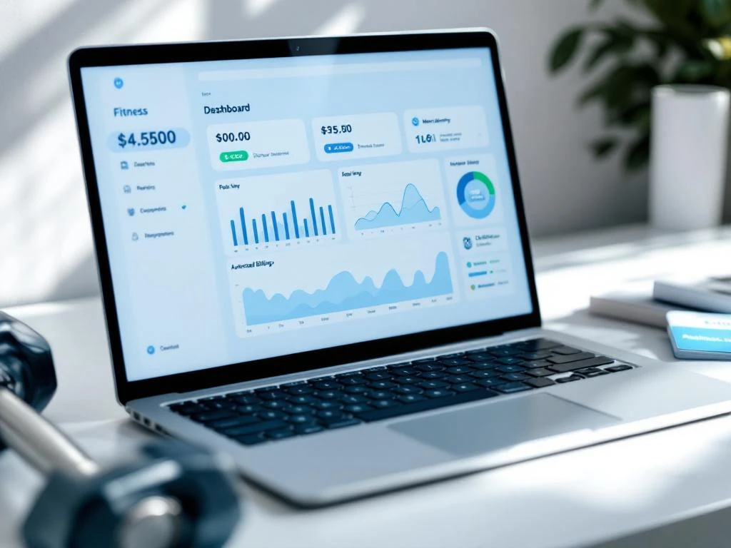 Laptop met fitness management dashboard en geautomatiseerde facturatie-interface op wit bureau met halters